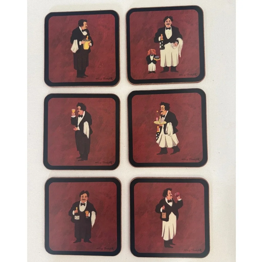 Williams-Sonoma Guy Buffet Les Garcons Coasters Set of 6‎ Cork Backed Red Waiter